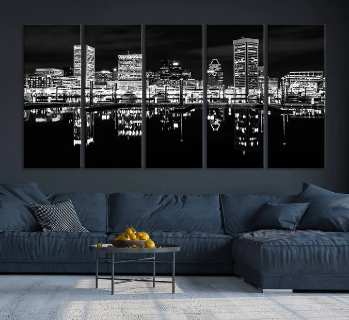 The Baltimore City Lights Skyline Black and White Wall Art Cityscape Canvas Print features a museum-quality finish with UV-protective coating to preserve its brilliance and comes ready to hang straight out of the box.