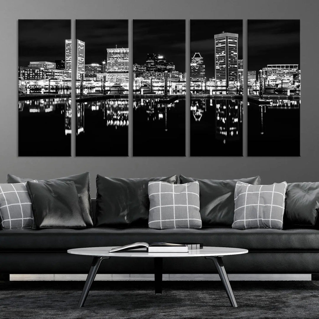 The Baltimore City Lights Skyline Black and White Wall Art Cityscape Canvas Print features a museum-quality finish with UV-protective coating to preserve its brilliance and comes ready to hang straight out of the box.