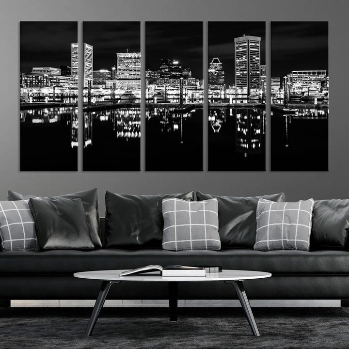 The Baltimore City Lights Skyline Black and White Wall Art Cityscape Canvas Print features a museum-quality finish with UV-protective coating to preserve its brilliance and comes ready to hang straight out of the box.