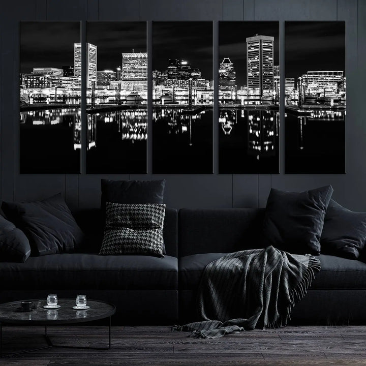 The Baltimore City Lights Skyline Black and White Wall Art Cityscape Canvas Print features a museum-quality finish with UV-protective coating to preserve its brilliance and comes ready to hang straight out of the box.