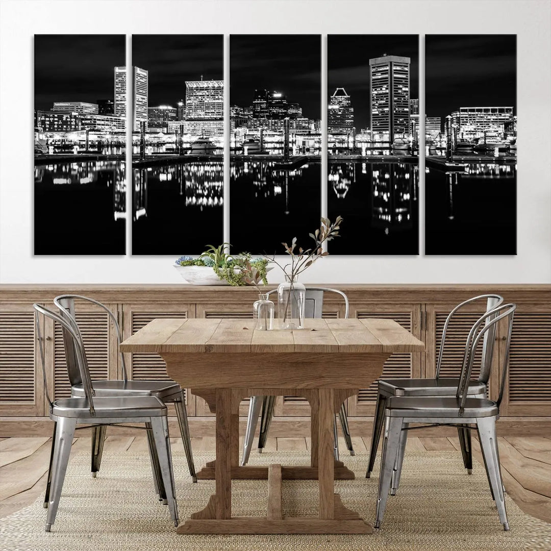 The Baltimore City Lights Skyline Black and White Wall Art Cityscape Canvas Print features a museum-quality finish with UV-protective coating to preserve its brilliance and comes ready to hang straight out of the box.