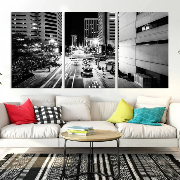 The Baltimore City Lights Streetview Black and White Wall Art Cityscape Canvas Print adds sophistication to the room. Enjoy peace of mind knowing each piece comes with free shipping.