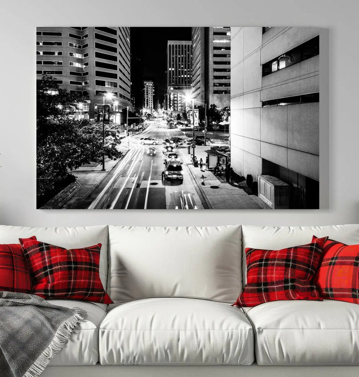 The Baltimore City Lights Streetview Black and White Wall Art Cityscape Canvas Print adds sophistication to the room. Enjoy peace of mind knowing each piece comes with free shipping.