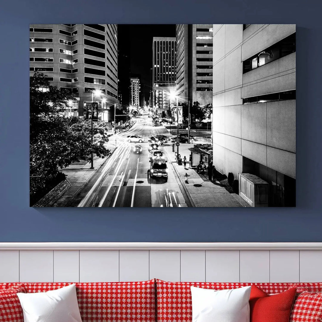 The Baltimore City Lights Streetview Black and White Wall Art Cityscape Canvas Print adds sophistication to the room. Enjoy peace of mind knowing each piece comes with free shipping.