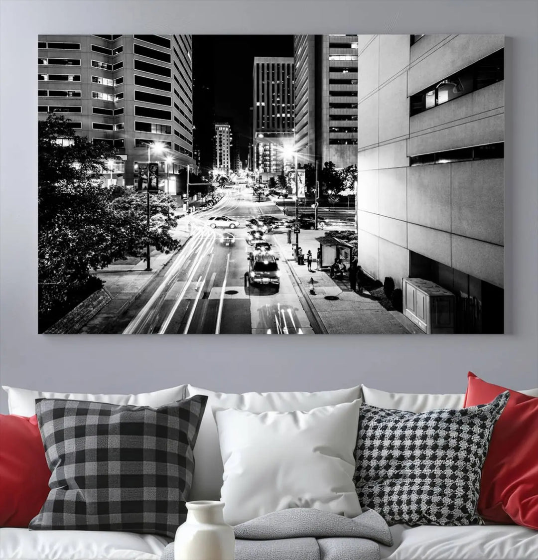 The Baltimore City Lights Streetview Black and White Wall Art Cityscape Canvas Print adds sophistication to the room. Enjoy peace of mind knowing each piece comes with free shipping.