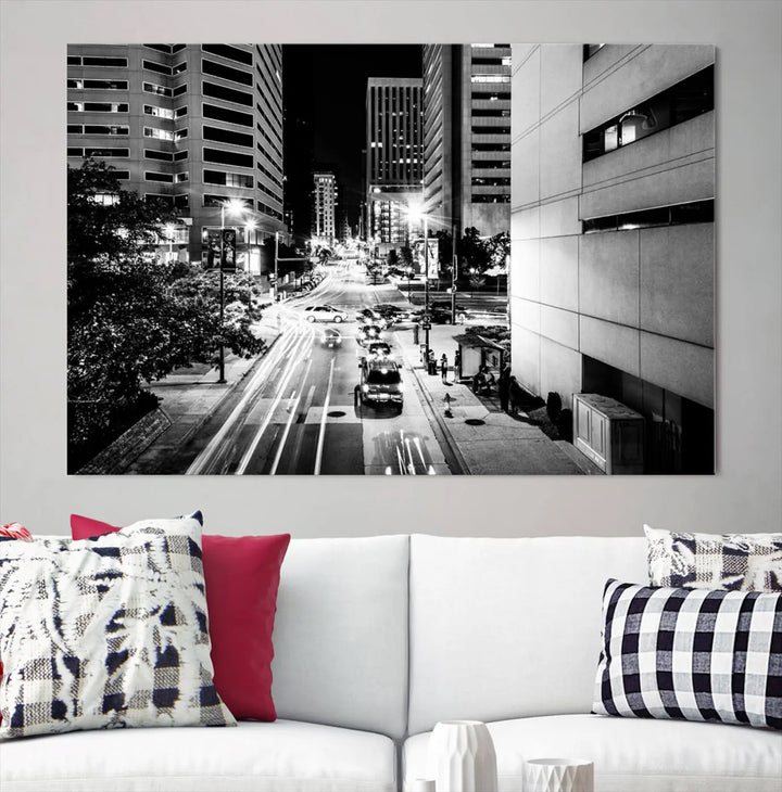 The Baltimore City Lights Streetview Black and White Wall Art Cityscape Canvas Print adds sophistication to the room. Enjoy peace of mind knowing each piece comes with free shipping.