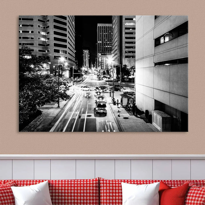 The Baltimore City Lights Streetview Black and White Wall Art Cityscape Canvas Print adds sophistication to the room. Enjoy peace of mind knowing each piece comes with free shipping.