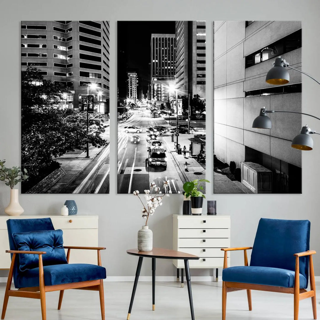 The Baltimore City Lights Streetview Black and White Wall Art Cityscape Canvas Print adds sophistication to the room. Enjoy peace of mind knowing each piece comes with free shipping.