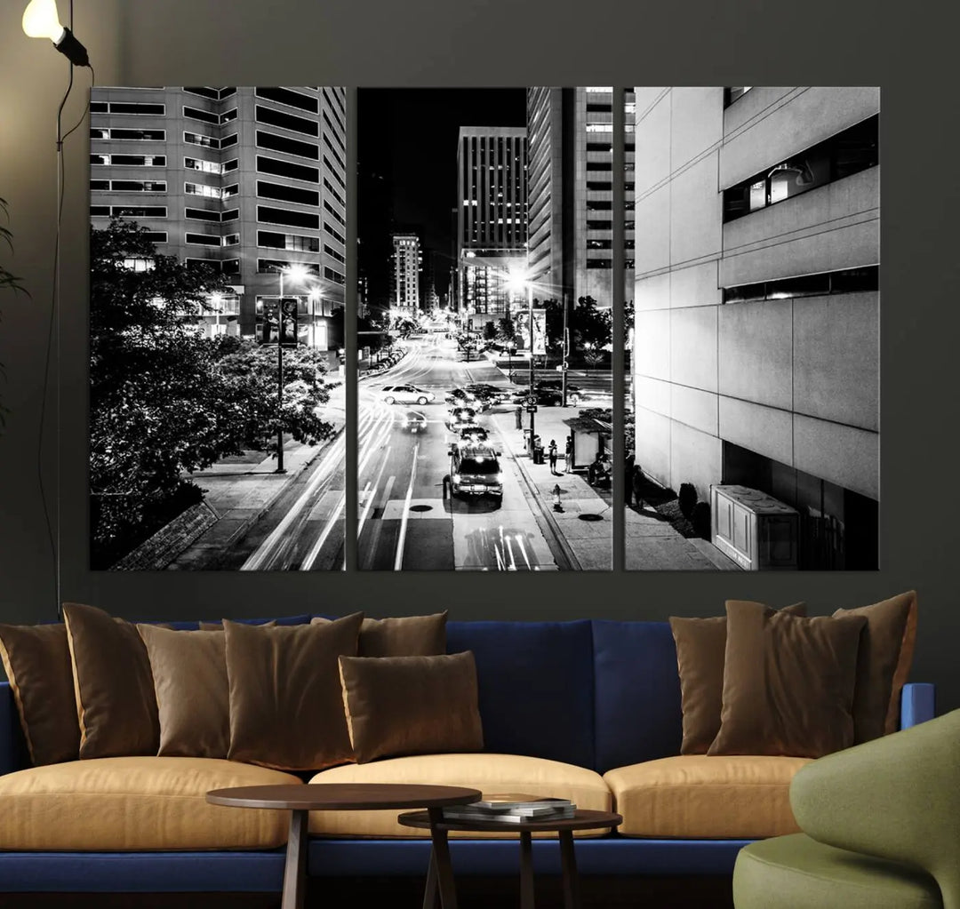 The Baltimore City Lights Streetview Black and White Wall Art Cityscape Canvas Print adds sophistication to the room. Enjoy peace of mind knowing each piece comes with free shipping.