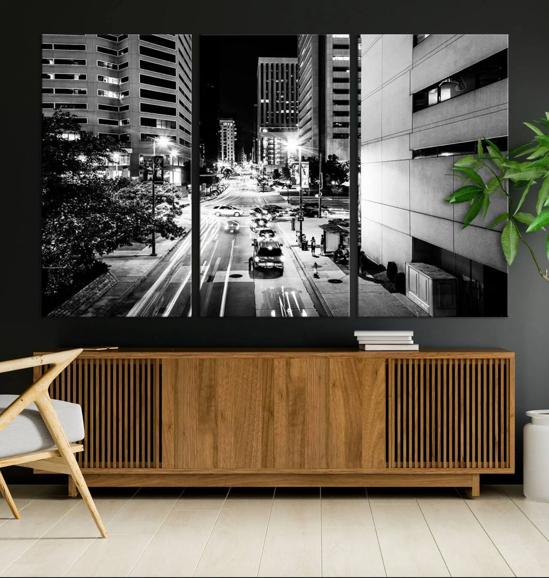 The Baltimore City Lights Streetview Black and White Wall Art Cityscape Canvas Print adds sophistication to the room. Enjoy peace of mind knowing each piece comes with free shipping.