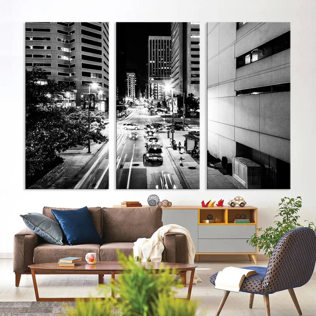 The Baltimore City Lights Streetview Black and White Wall Art Cityscape Canvas Print adds sophistication to the room. Enjoy peace of mind knowing each piece comes with free shipping.