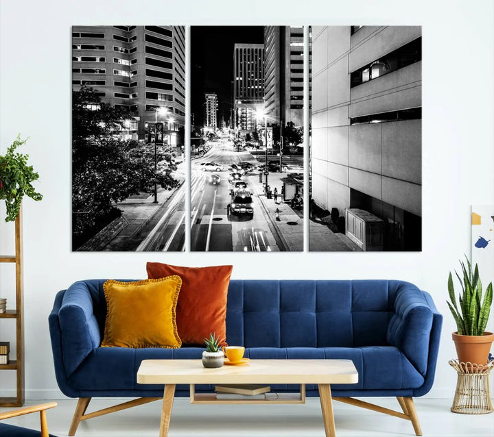 The Baltimore City Lights Streetview Black and White Wall Art Cityscape Canvas Print adds sophistication to the room. Enjoy peace of mind knowing each piece comes with free shipping.