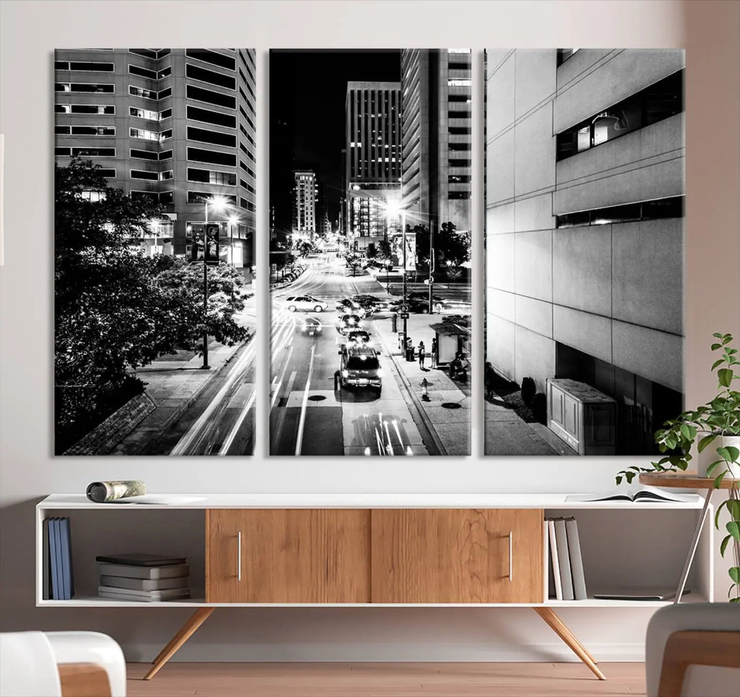 The Baltimore City Lights Streetview Black and White Wall Art Cityscape Canvas Print adds sophistication to the room. Enjoy peace of mind knowing each piece comes with free shipping.