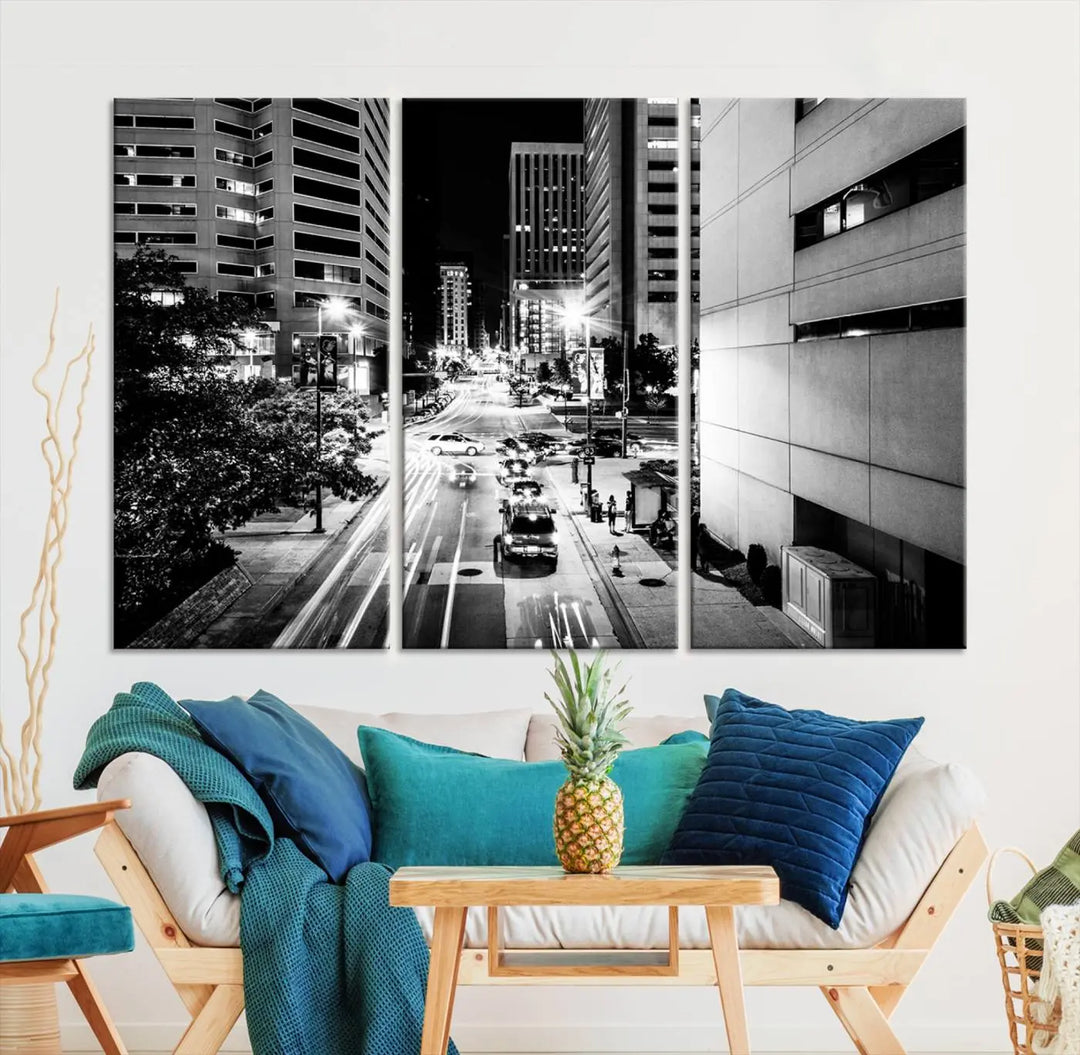 The Baltimore City Lights Streetview Black and White Wall Art Cityscape Canvas Print adds sophistication to the room. Enjoy peace of mind knowing each piece comes with free shipping.