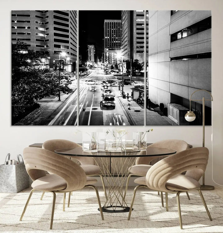 The Baltimore City Lights Streetview Black and White Wall Art Cityscape Canvas Print adds sophistication to the room. Enjoy peace of mind knowing each piece comes with free shipping.