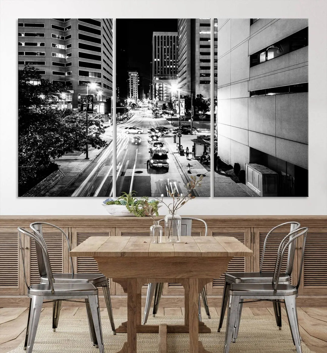 The Baltimore City Lights Streetview Black and White Wall Art Cityscape Canvas Print adds sophistication to the room. Enjoy peace of mind knowing each piece comes with free shipping.