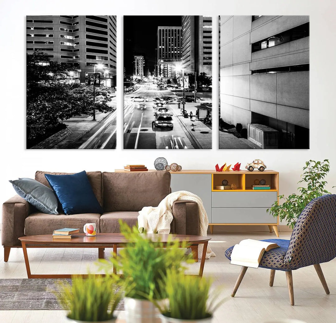 The Baltimore City Lights Streetview Black and White Wall Art Cityscape Canvas Print adds sophistication to the room. Enjoy peace of mind knowing each piece comes with free shipping.