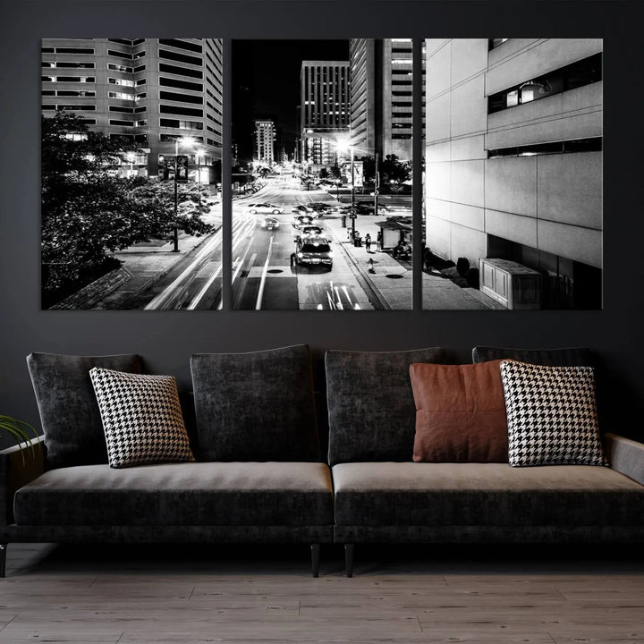 The Baltimore City Lights Streetview Black and White Wall Art Cityscape Canvas Print adds sophistication to the room. Enjoy peace of mind knowing each piece comes with free shipping.