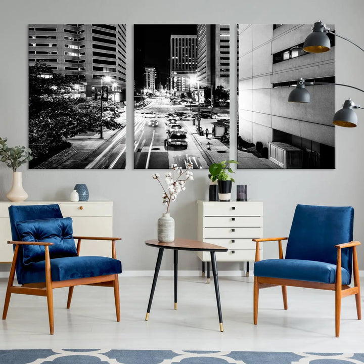 The Baltimore City Lights Streetview Black and White Wall Art Cityscape Canvas Print adds sophistication to the room. Enjoy peace of mind knowing each piece comes with free shipping.