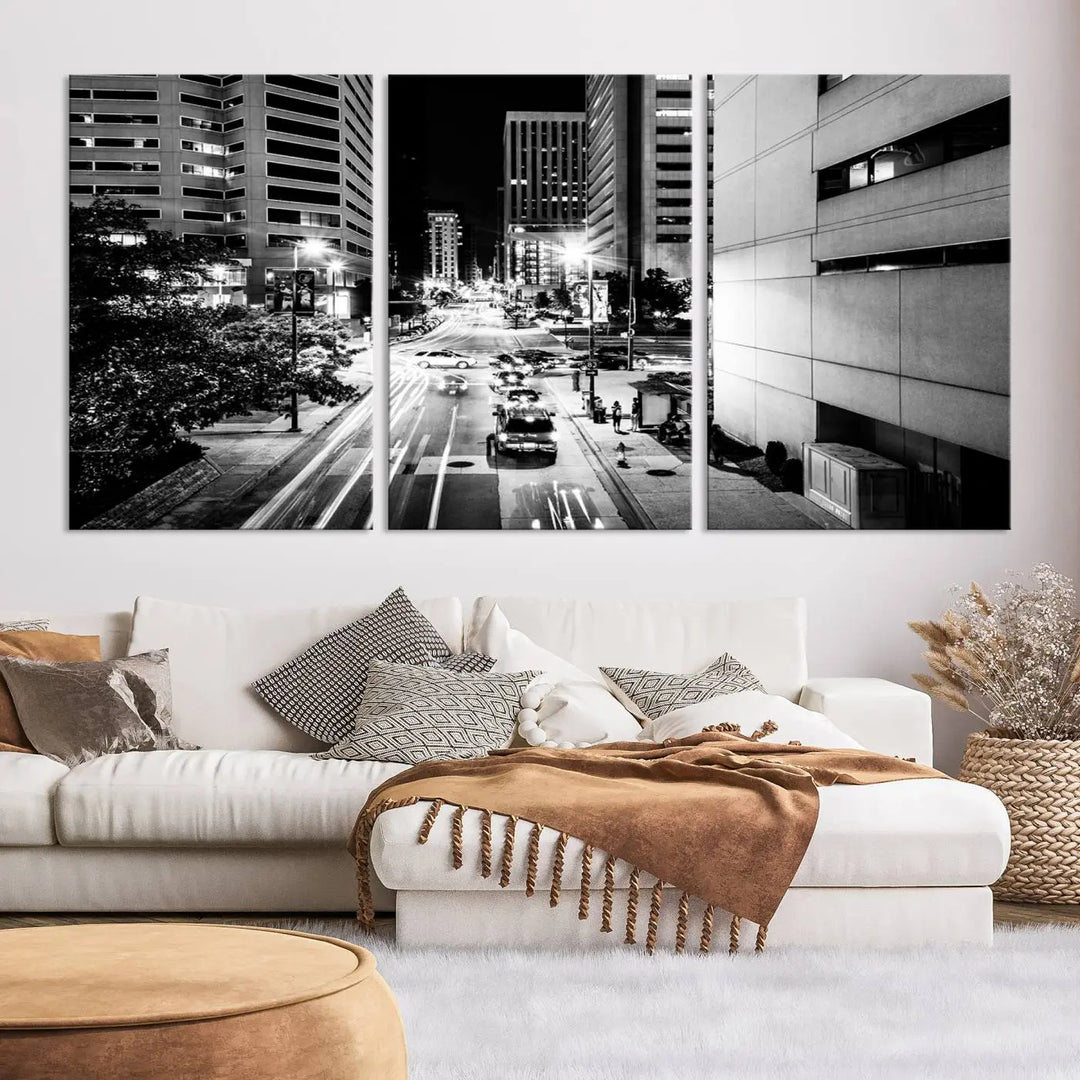 The Baltimore City Lights Streetview Black and White Wall Art Cityscape Canvas Print adds sophistication to the room. Enjoy peace of mind knowing each piece comes with free shipping.