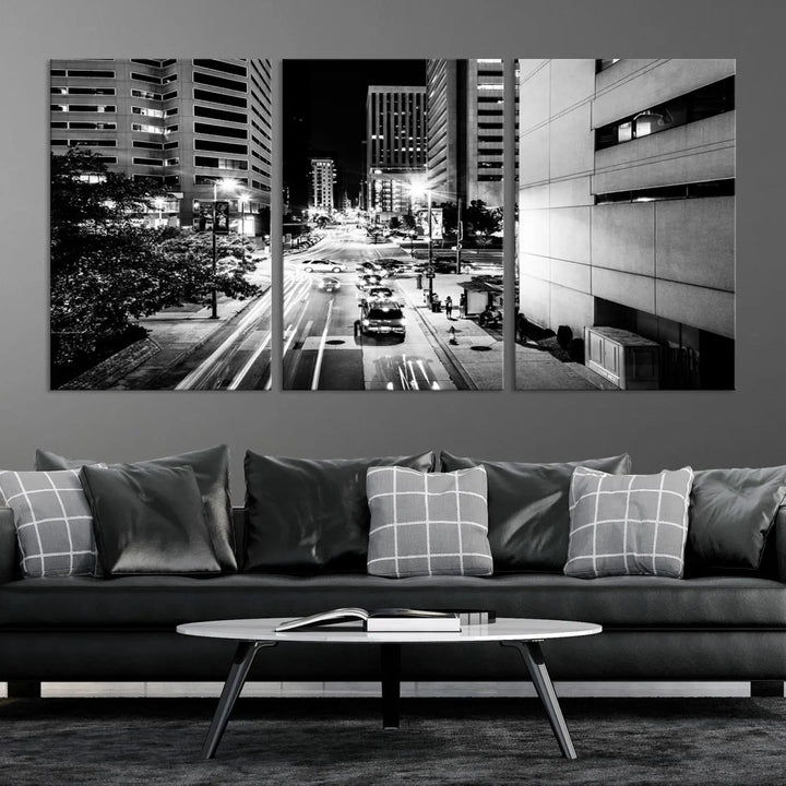 The Baltimore City Lights Streetview Black and White Wall Art Cityscape Canvas Print adds sophistication to the room. Enjoy peace of mind knowing each piece comes with free shipping.