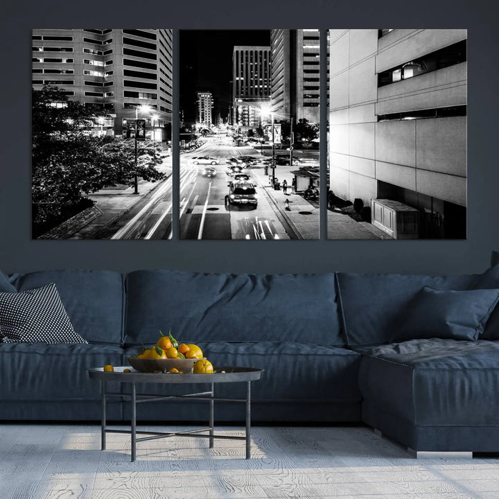 The Baltimore City Lights Streetview Black and White Wall Art Cityscape Canvas Print adds sophistication to the room. Enjoy peace of mind knowing each piece comes with free shipping.