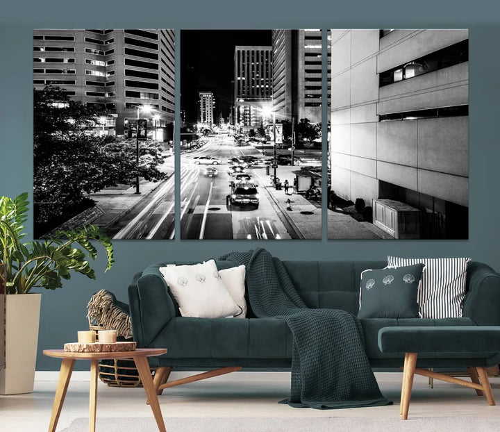 The Baltimore City Lights Streetview Black and White Wall Art Cityscape Canvas Print adds sophistication to the room. Enjoy peace of mind knowing each piece comes with free shipping.