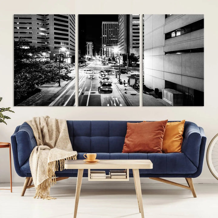 The Baltimore City Lights Streetview Black and White Wall Art Cityscape Canvas Print adds sophistication to the room. Enjoy peace of mind knowing each piece comes with free shipping.