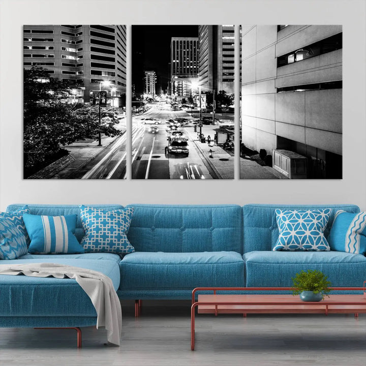 The Baltimore City Lights Streetview Black and White Wall Art Cityscape Canvas Print adds sophistication to the room. Enjoy peace of mind knowing each piece comes with free shipping.