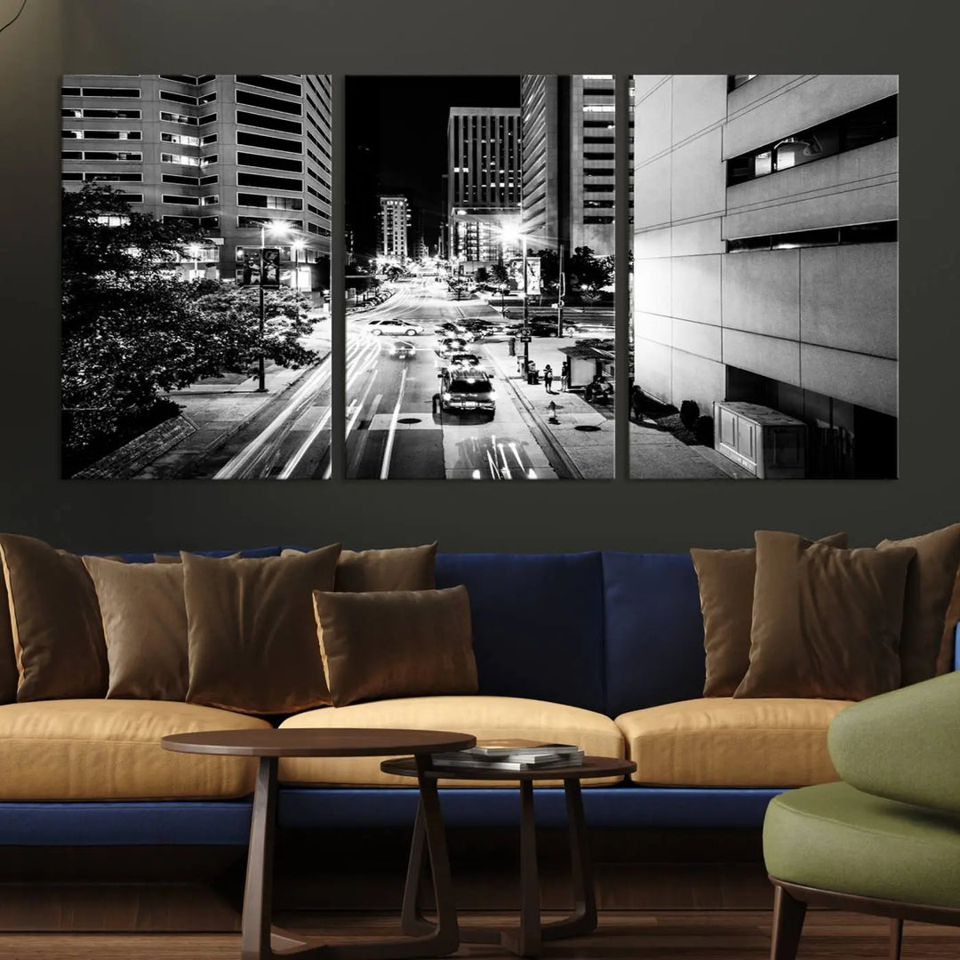 The Baltimore City Lights Streetview Black and White Wall Art Cityscape Canvas Print adds sophistication to the room. Enjoy peace of mind knowing each piece comes with free shipping.