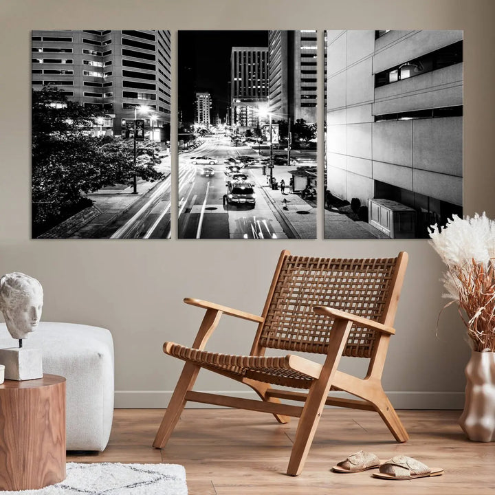 The Baltimore City Lights Streetview Black and White Wall Art Cityscape Canvas Print adds sophistication to the room. Enjoy peace of mind knowing each piece comes with free shipping.