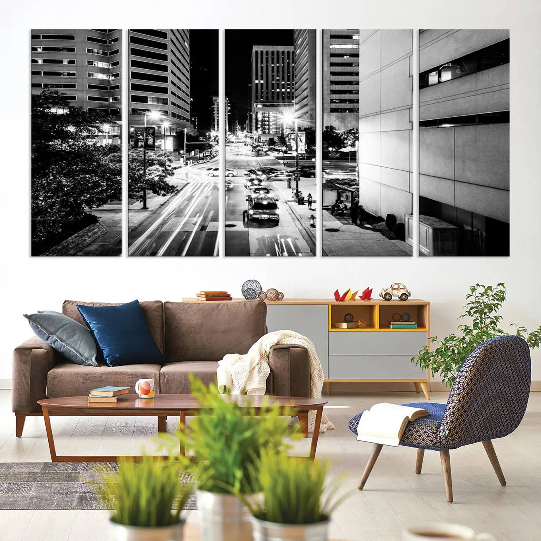 The Baltimore City Lights Streetview Black and White Wall Art Cityscape Canvas Print adds sophistication to the room. Enjoy peace of mind knowing each piece comes with free shipping.