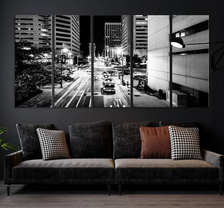 The Baltimore City Lights Streetview Black and White Wall Art Cityscape Canvas Print adds sophistication to the room. Enjoy peace of mind knowing each piece comes with free shipping.