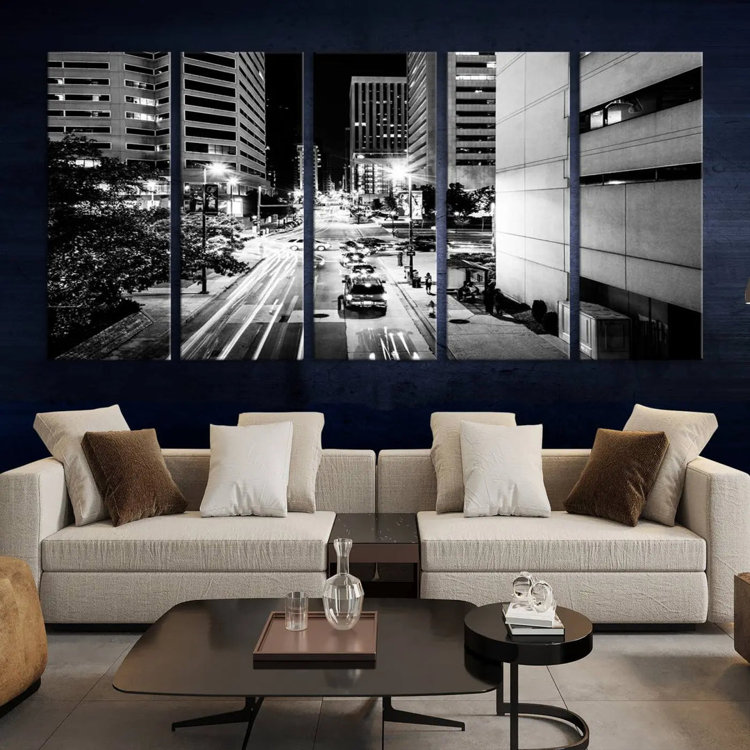 The Baltimore City Lights Streetview Black and White Wall Art Cityscape Canvas Print adds sophistication to the room. Enjoy peace of mind knowing each piece comes with free shipping.