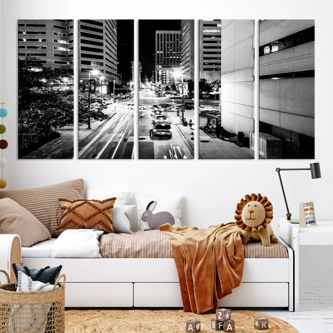 The Baltimore City Lights Streetview Black and White Wall Art Cityscape Canvas Print adds sophistication to the room. Enjoy peace of mind knowing each piece comes with free shipping.