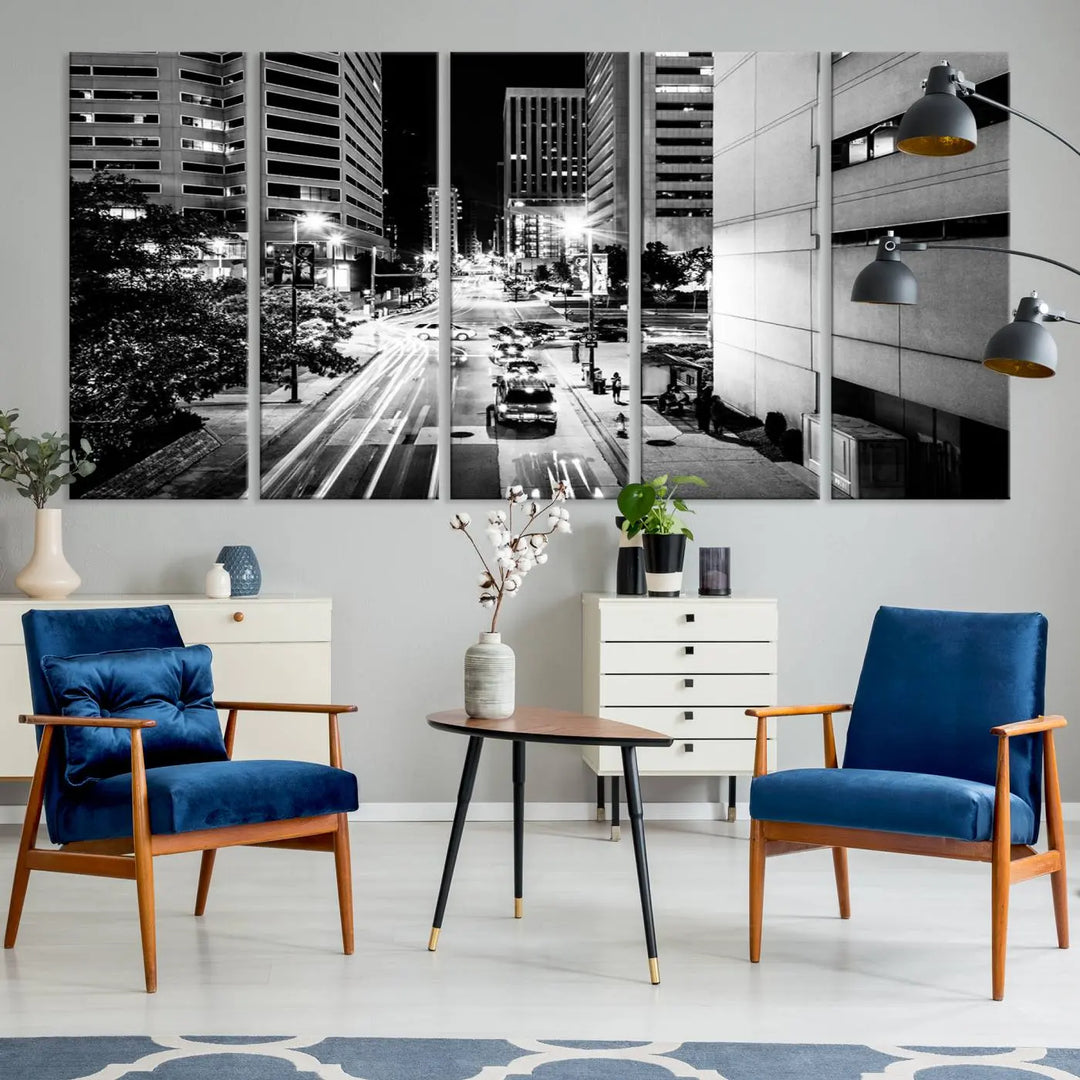 The Baltimore City Lights Streetview Black and White Wall Art Cityscape Canvas Print adds sophistication to the room. Enjoy peace of mind knowing each piece comes with free shipping.