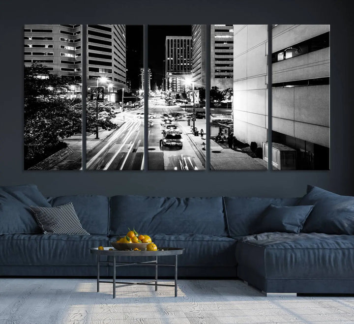 The Baltimore City Lights Streetview Black and White Wall Art Cityscape Canvas Print adds sophistication to the room. Enjoy peace of mind knowing each piece comes with free shipping.