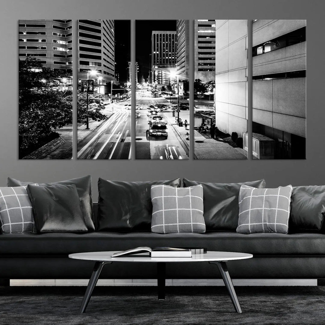 The Baltimore City Lights Streetview Black and White Wall Art Cityscape Canvas Print adds sophistication to the room. Enjoy peace of mind knowing each piece comes with free shipping.