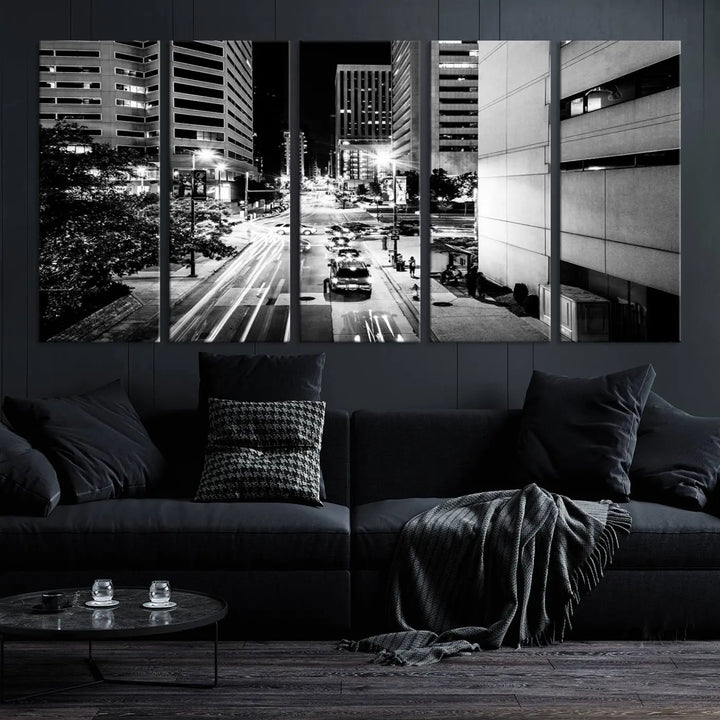 The Baltimore City Lights Streetview Black and White Wall Art Cityscape Canvas Print adds sophistication to the room. Enjoy peace of mind knowing each piece comes with free shipping.