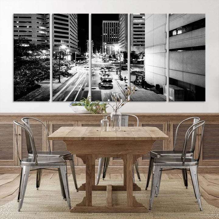 The Baltimore City Lights Streetview Black and White Wall Art Cityscape Canvas Print adds sophistication to the room. Enjoy peace of mind knowing each piece comes with free shipping.