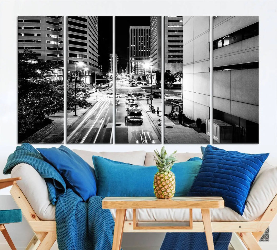 The Baltimore City Lights Streetview Black and White Wall Art Cityscape Canvas Print adds sophistication to the room. Enjoy peace of mind knowing each piece comes with free shipping.