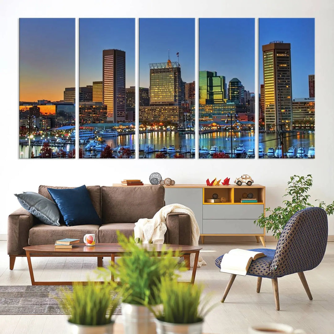 Living room featuring the "Baltimore City Lights Sunset Blue and Orange Skyline Cityscape View" wall art canvas print on museum-quality canvases.