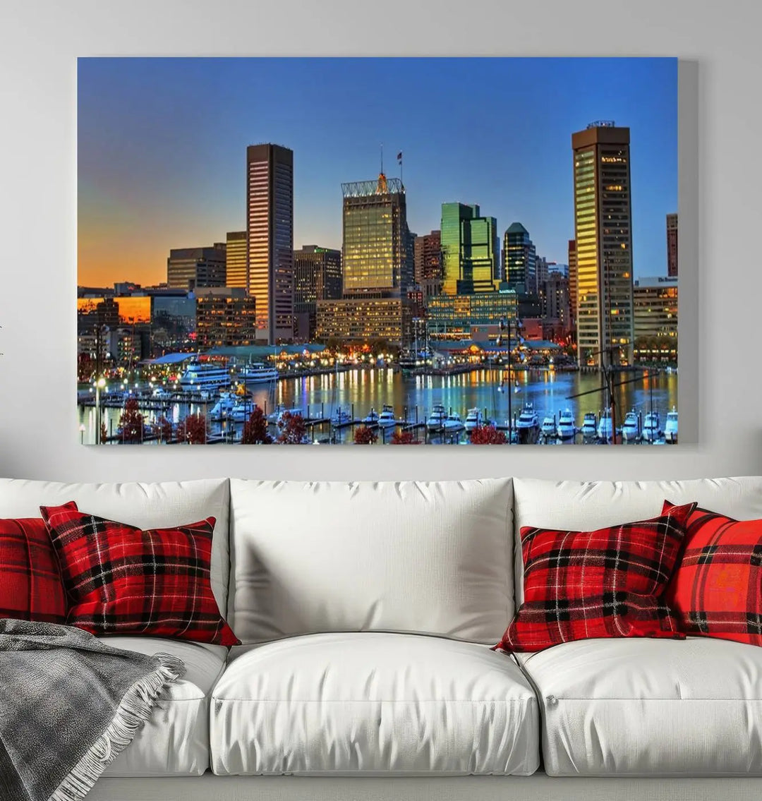 Living room featuring the "Baltimore City Lights Sunset Blue and Orange Skyline Cityscape View" wall art canvas print on museum-quality canvases.