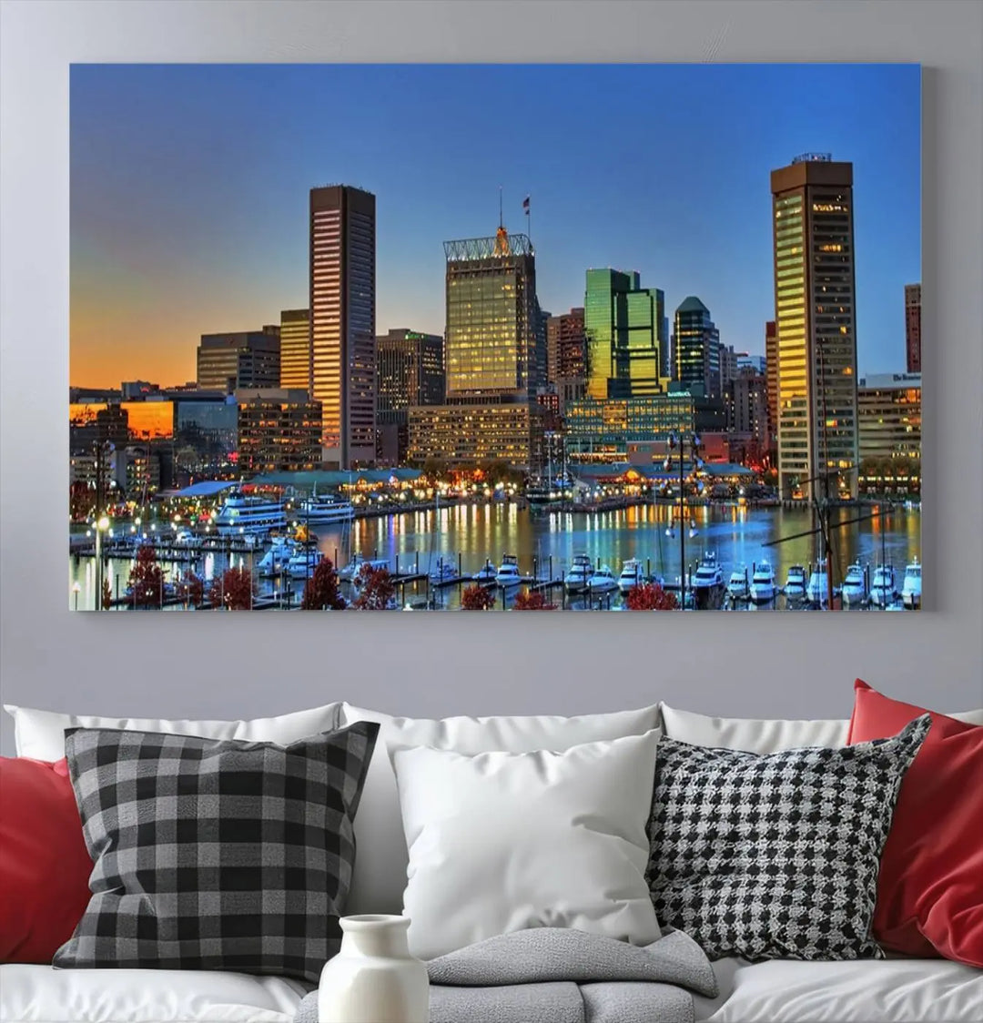 Living room featuring the "Baltimore City Lights Sunset Blue and Orange Skyline Cityscape View" wall art canvas print on museum-quality canvases.