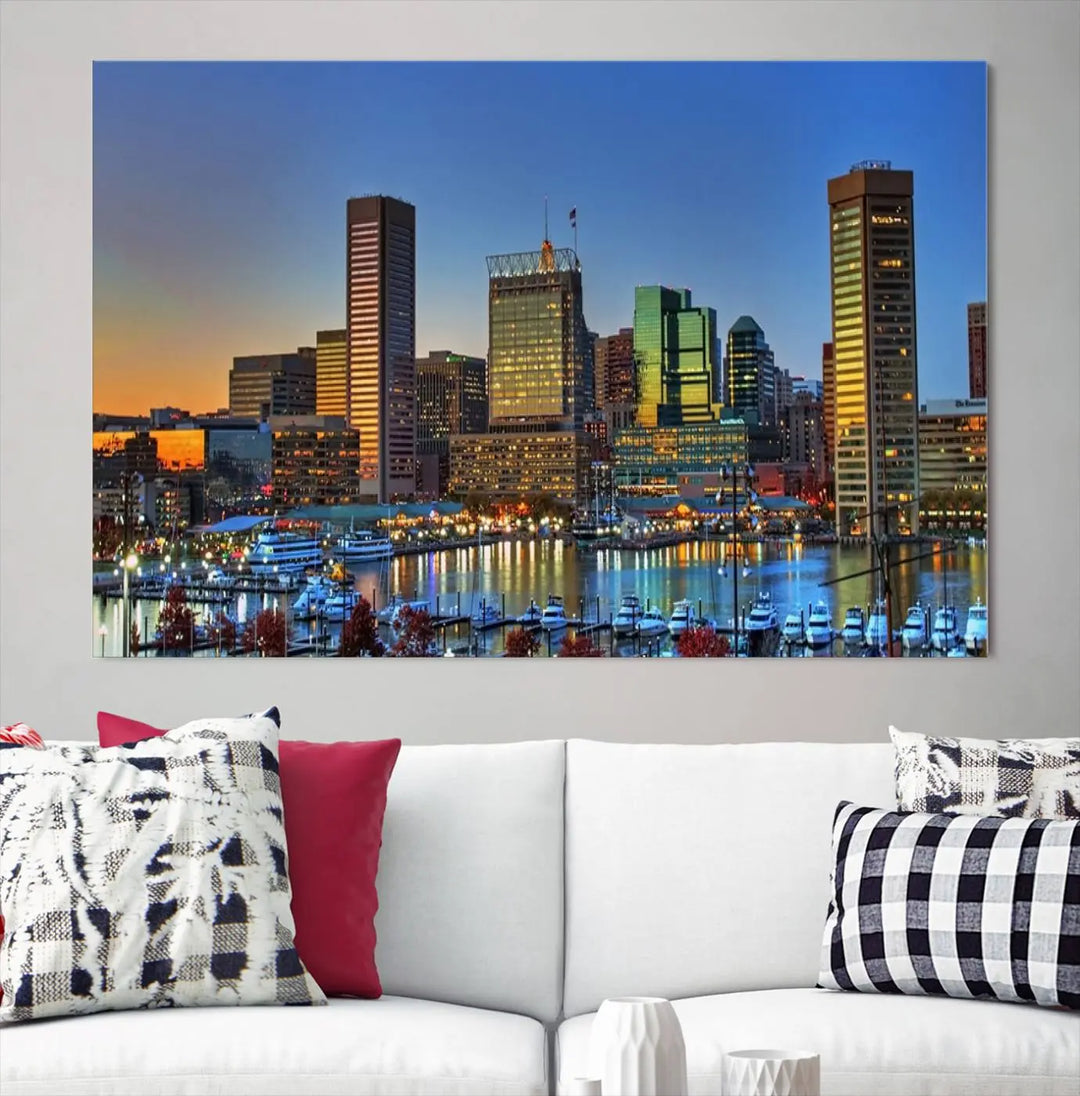 Living room featuring the "Baltimore City Lights Sunset Blue and Orange Skyline Cityscape View" wall art canvas print on museum-quality canvases.