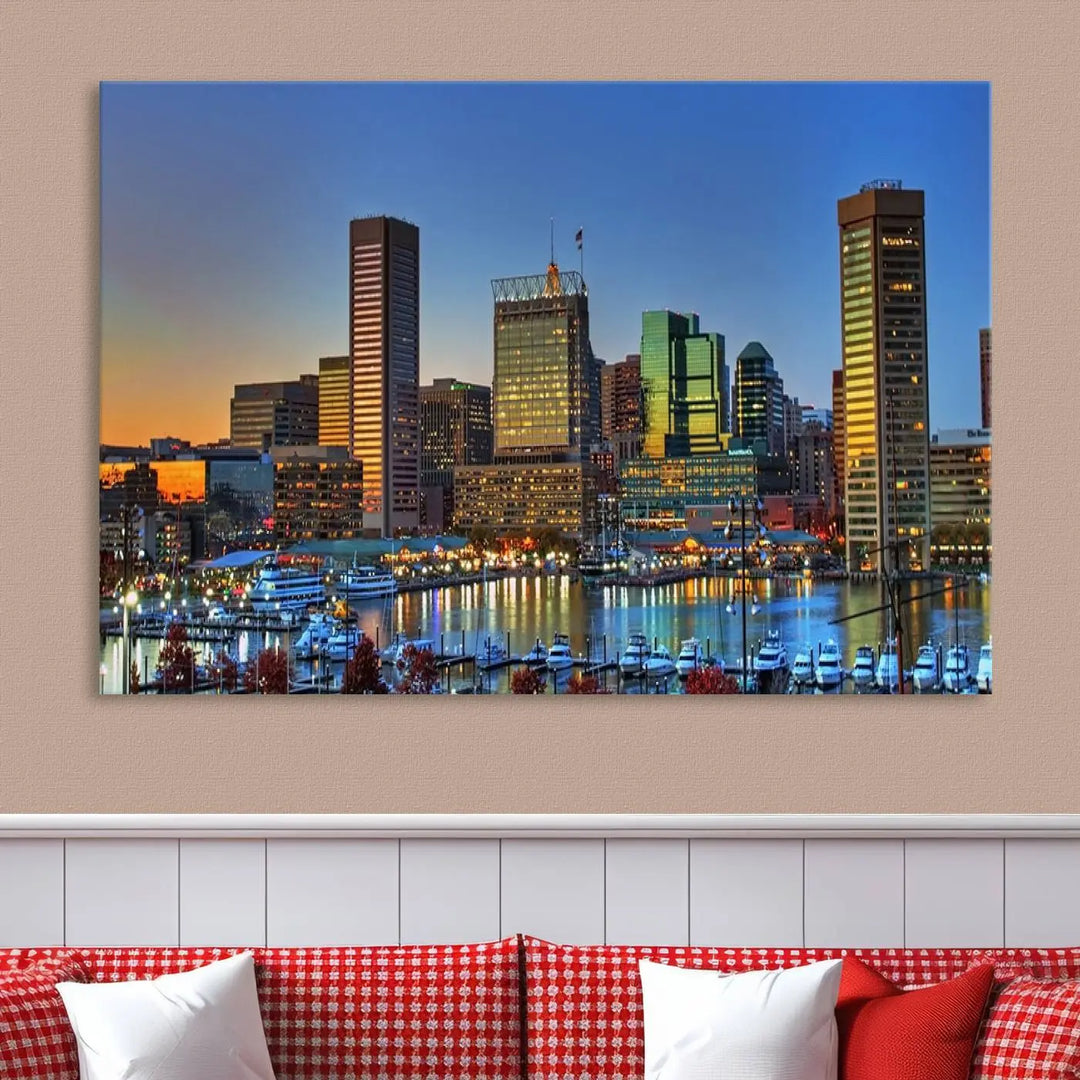 Living room featuring the "Baltimore City Lights Sunset Blue and Orange Skyline Cityscape View" wall art canvas print on museum-quality canvases.