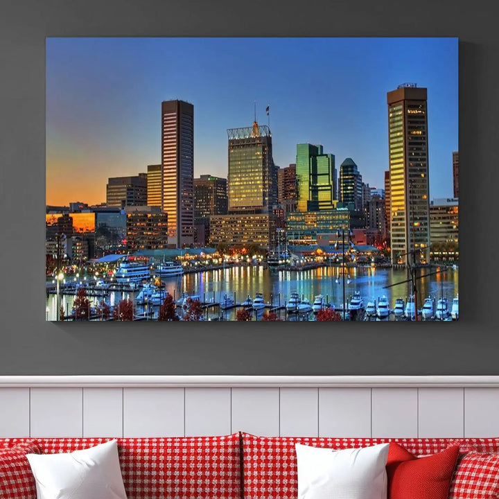 Living room featuring the "Baltimore City Lights Sunset Blue and Orange Skyline Cityscape View" wall art canvas print on museum-quality canvases.