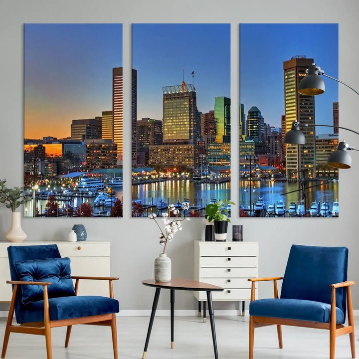 Living room featuring the "Baltimore City Lights Sunset Blue and Orange Skyline Cityscape View" wall art canvas print on museum-quality canvases.