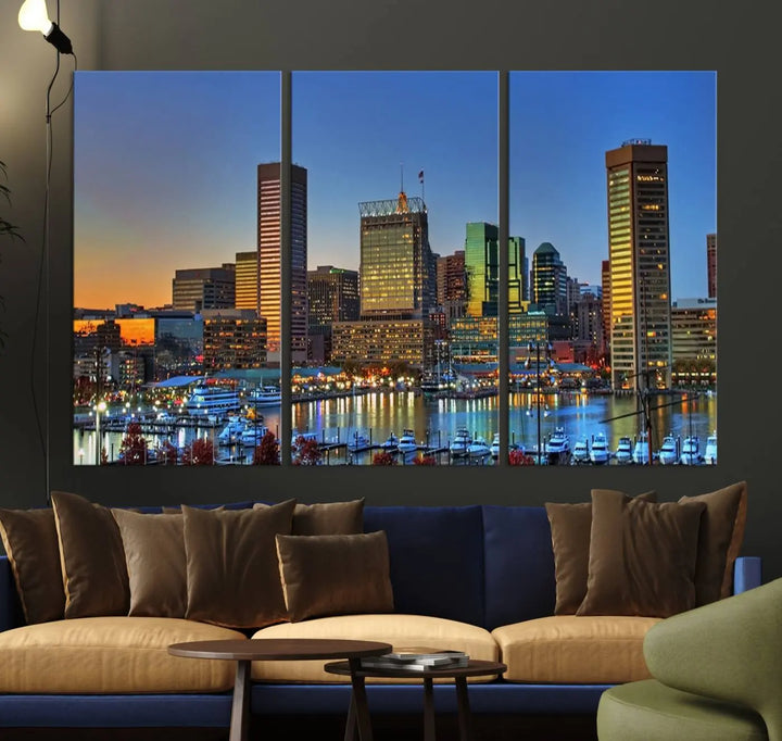 Living room featuring the "Baltimore City Lights Sunset Blue and Orange Skyline Cityscape View" wall art canvas print on museum-quality canvases.