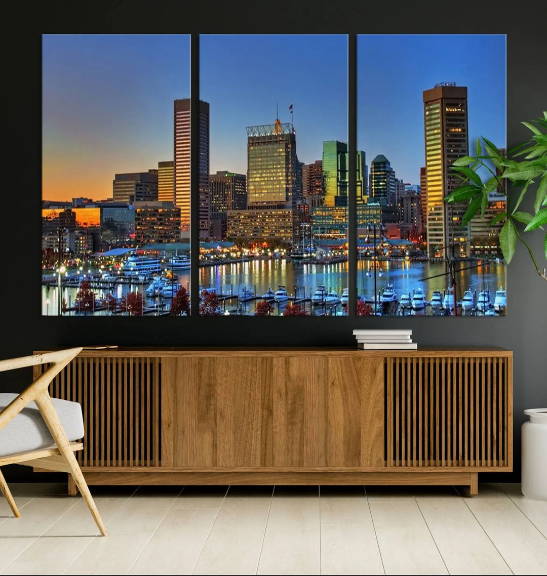 Living room featuring the "Baltimore City Lights Sunset Blue and Orange Skyline Cityscape View" wall art canvas print on museum-quality canvases.